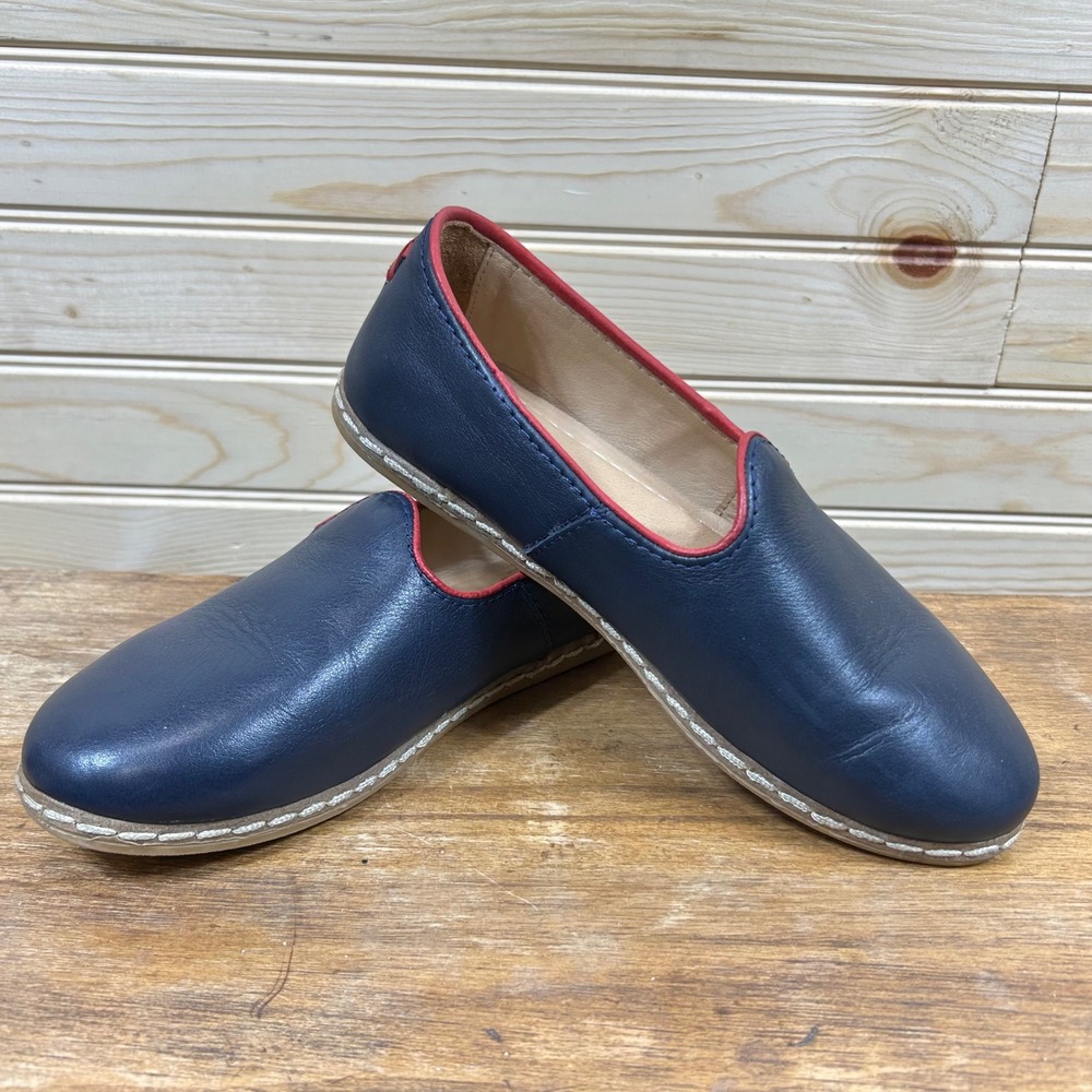 Charix Navy Blue Leather Artisan Loafer Red Trim Turkish Slip On Shoes Womens 37 - Picture 7 of 8
